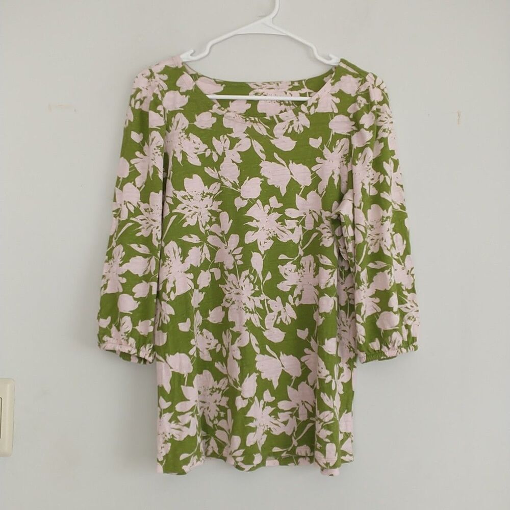 Soft Surroundings Top Womens LPetite*Green Pink Floral 3/4Puff Sleeve LinenBlend